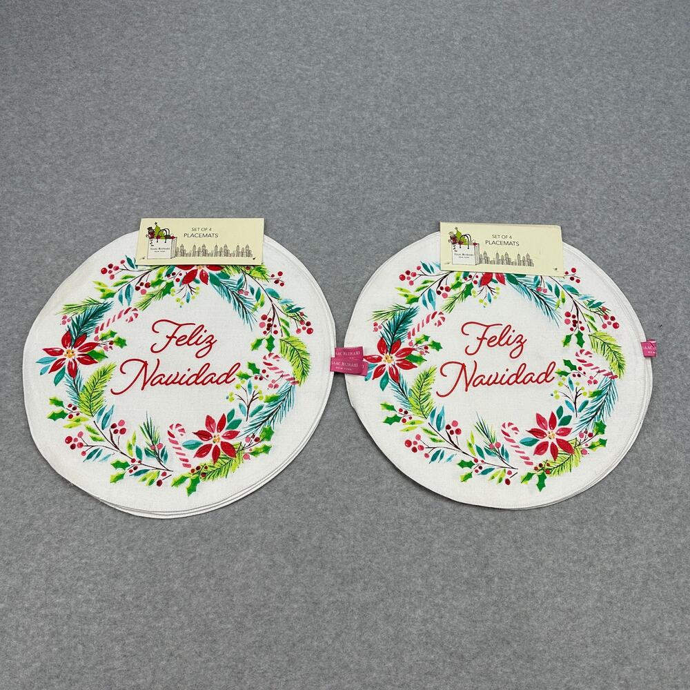 Isaac Mizrahi Placemats Feliz Navidad White Christmas Botanical 4 Round Cotton